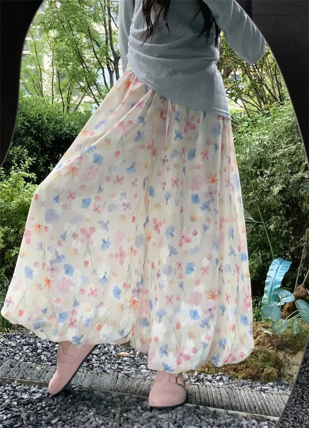 Summer French Style Floral Palazzo Pants Women High Waist Loose Boho Print Wide Leg Trousers with Drapery Comfortable &amp; Elegant