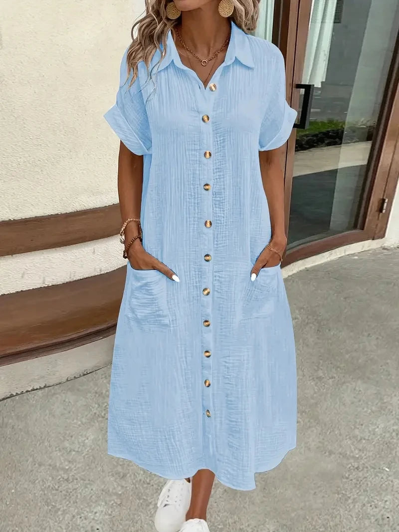Short Sleeve Button Down Shirt Dress with Pockets Casual Loose Fit Maxi Dress for Women