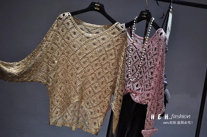 Fall Clothes for Women 2024 Fashion Sexy  Sequins Hollow Out Loose Gold Bright Silk Gown Bats Long-sleeved Round Collar Knitting