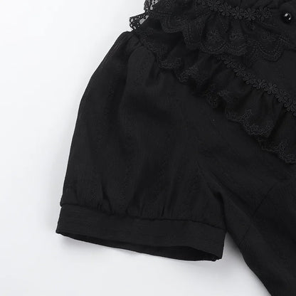 Sweet Lolita Cotton Shirts Women Vintage Gothic Black White Jacquard Short Sleeve Blouses Elegant Office Lady Y2k Tops