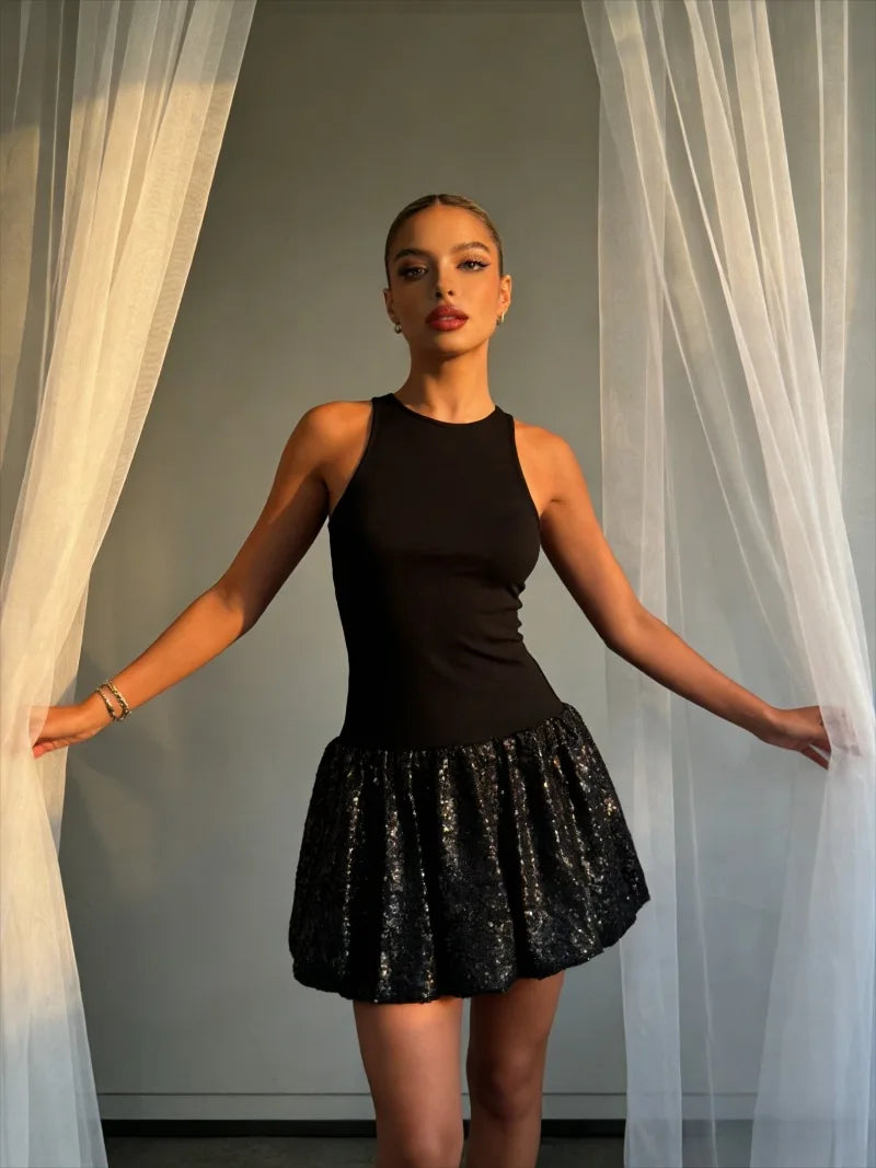 Fashion Party Dress for Women Fashion Autumn Winter New Round Neck Sleeveless Sequined Patchwork Chic Female Evening Clothing