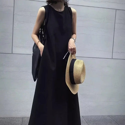 Solid Summer Sleeveless Dress Round Neck Simple Vocation Vest Dresses Beachwear Hollowed Out Open Back Long Dress Teens