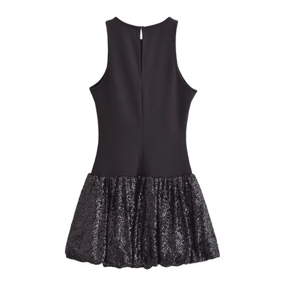 Fashion Party Dress for Women Fashion Autumn Winter New Round Neck Sleeveless Sequined Patchwork Chic Female Evening Clothing