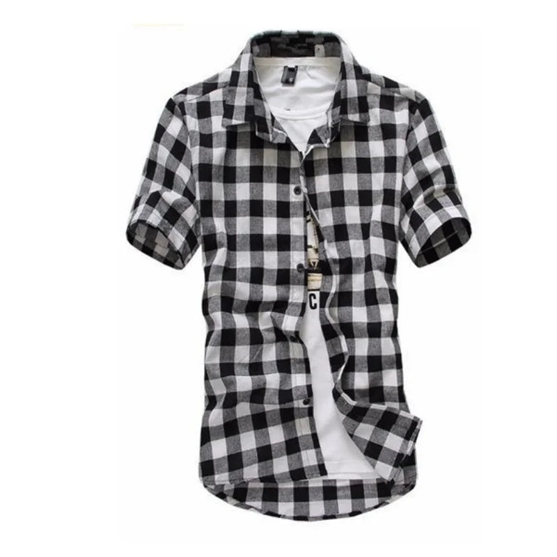 2025 New Summer Fashion Button Up Chemise Homme Checkered Shirts Men Short Sleeve Blouses Tops