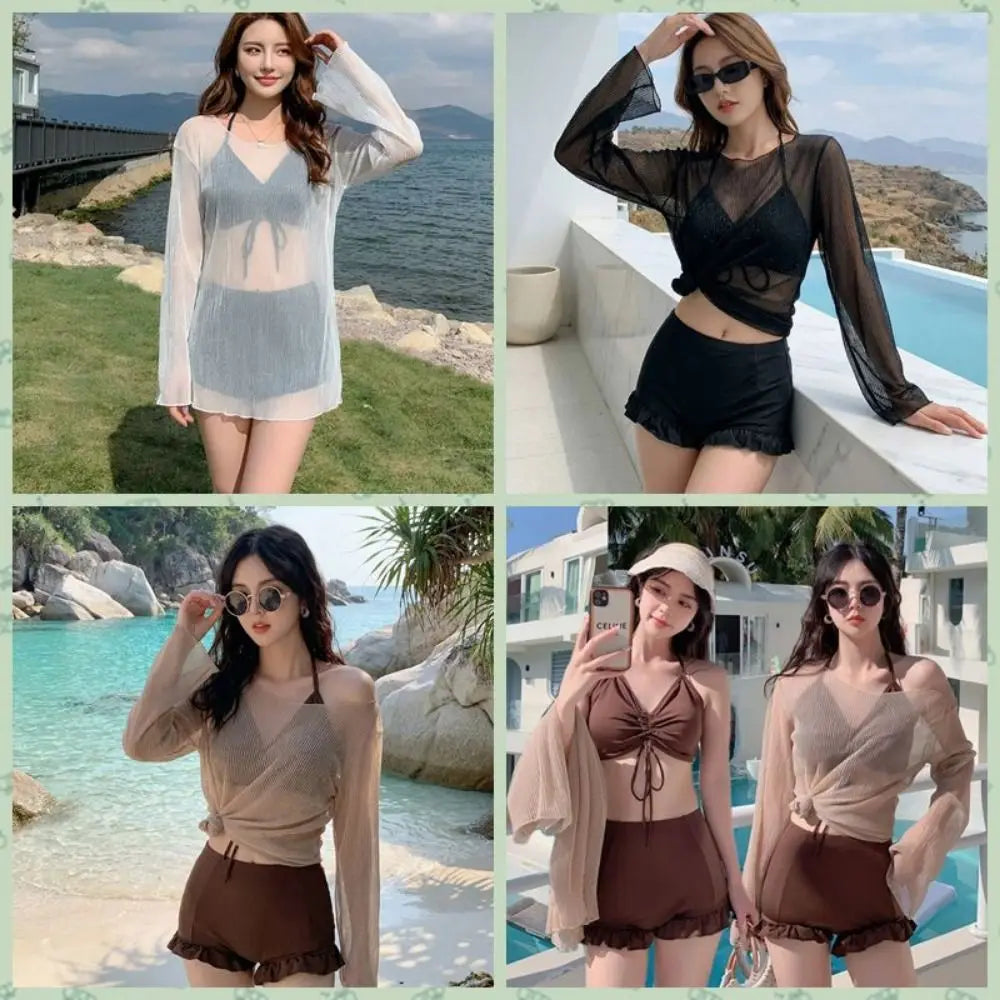 Beachwear Ruffles Bikini Set Slim Fit Lace-up Long Sleeve Swimsuit Sun Protection Transparent Pullover 3Pieces Set Swimwear