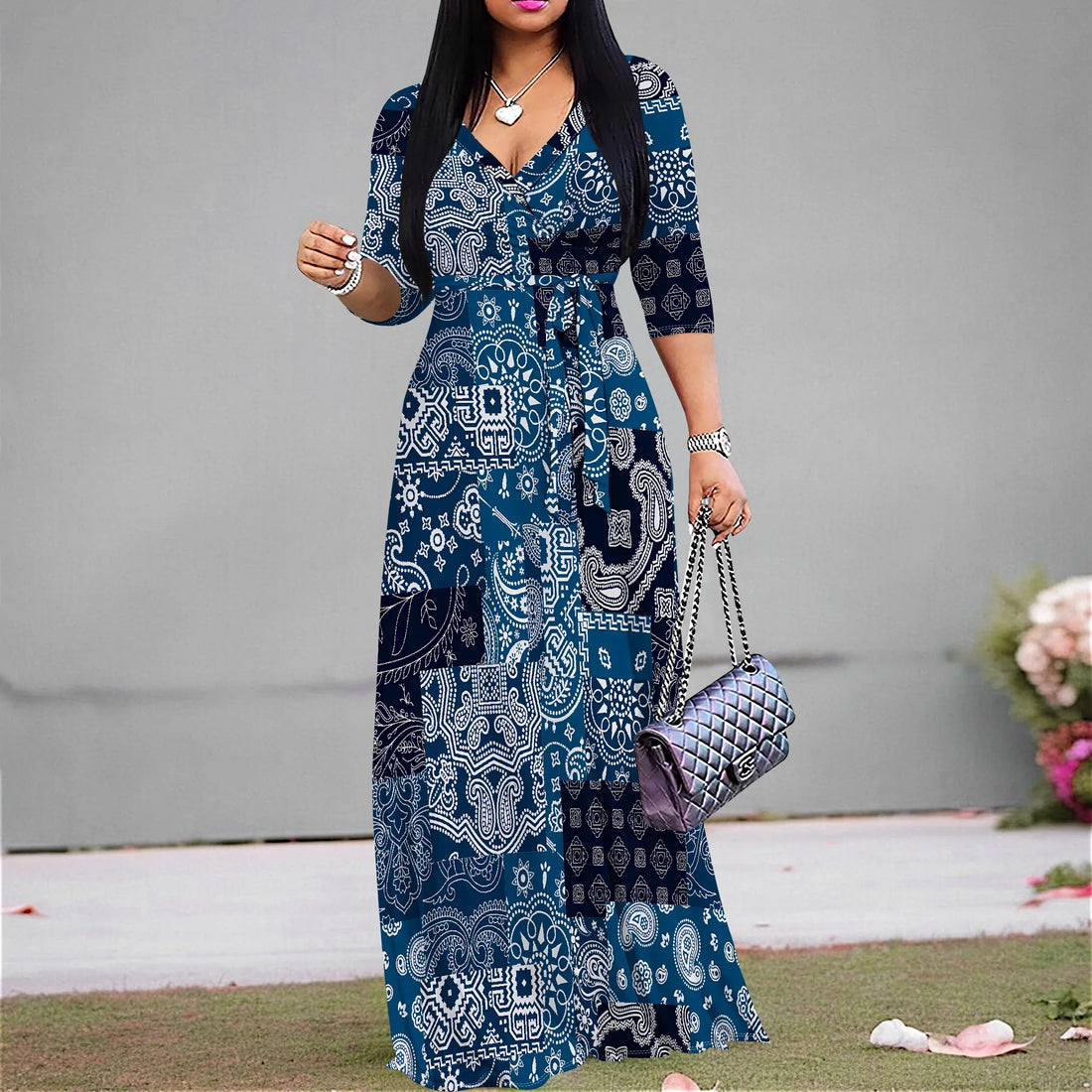 Plus Size Dresses for Women Print Maxi Dresses Flowy 3/4 Sleeve with Belt