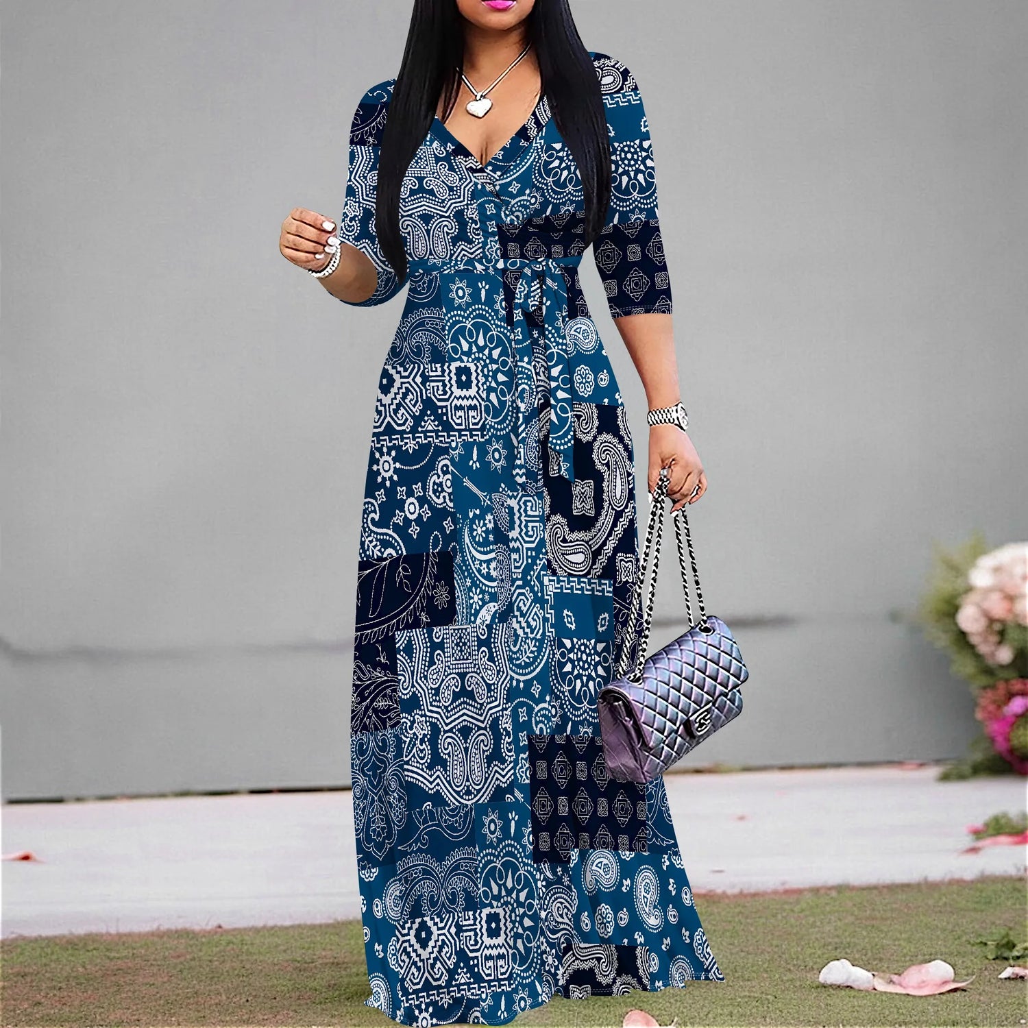 Plus Size Dresses for Women Print Maxi Dresses Flowy 3/4 Sleeve with Belt