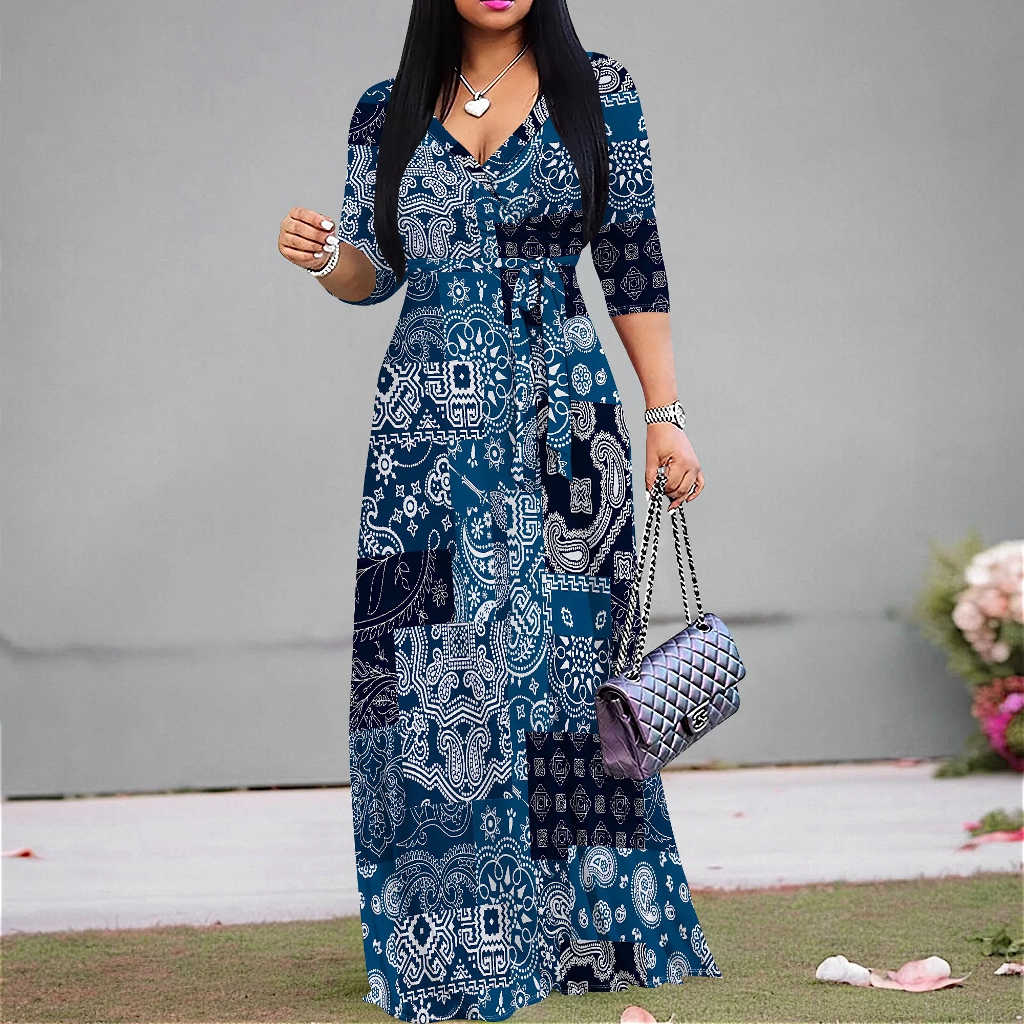 Plus Size Dresses for Women Print Maxi Dresses Flowy 3/4 Sleeve with Belt