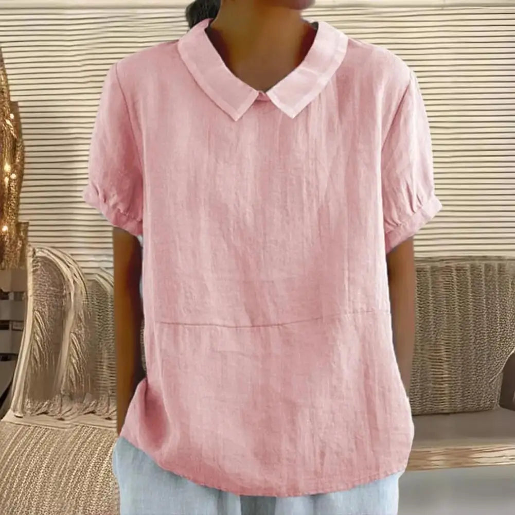 2026 Cotton Linen Women Blouse Lapel Short Sleeve Breathable Top Loose Fit Blouse Round Neck Soft Fabric Summer Blouse 80%