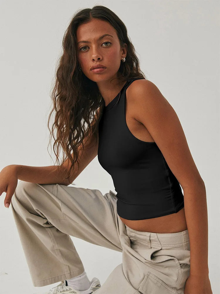 Sleeveless tight bottom shirt, round neck I-shaped solid color top, casual vest