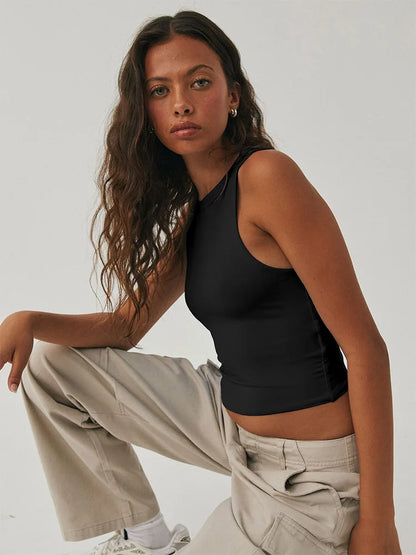 Sleeveless tight bottom shirt, round neck I-shaped solid color top, casual vest