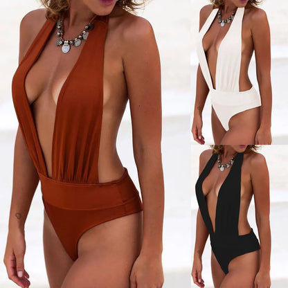 2025Beach vacation Sexy beachwear backless thong neckhang V-neck one-piece bikini A woman&