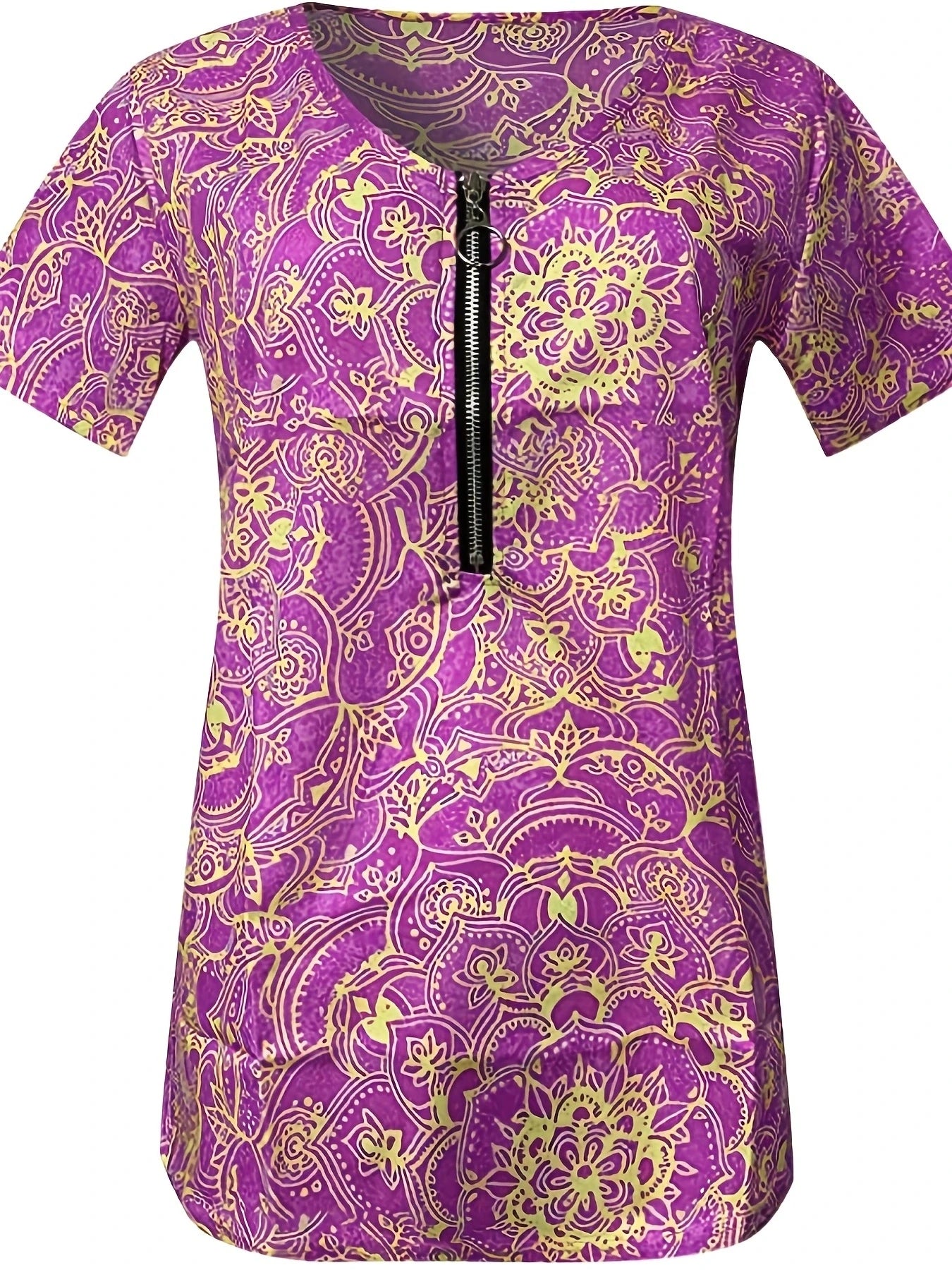 Women Fashion Short Sleeve Printed Zippered Top