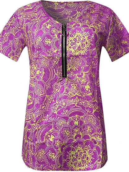 Women Fashion Short Sleeve Printed Zippered Top