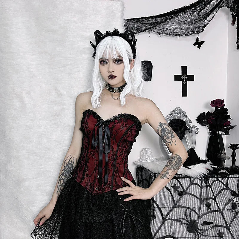 Tube Top Gothic Printed Lace Trim Sleeveless Metal Buttons Lace-up Corsets Tank Top Court Elegant Fairy Grunge Top