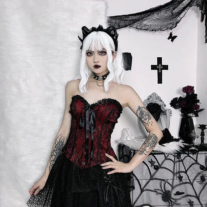 Tube Top Gothic Printed Lace Trim Sleeveless Metal Buttons Lace-up Corsets Tank Top Court Elegant Fairy Grunge Top