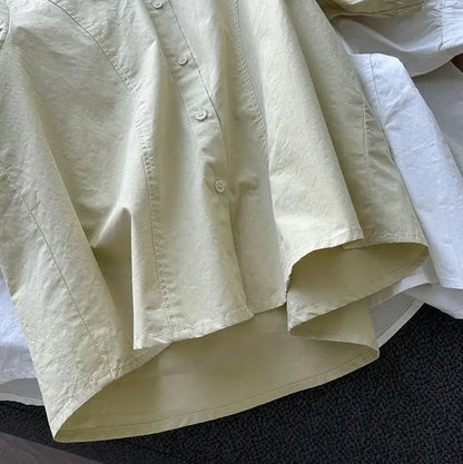 Women Round Neck Blouse Short Sleeve Button Down Loose Casual Solid Color Summer Shirt