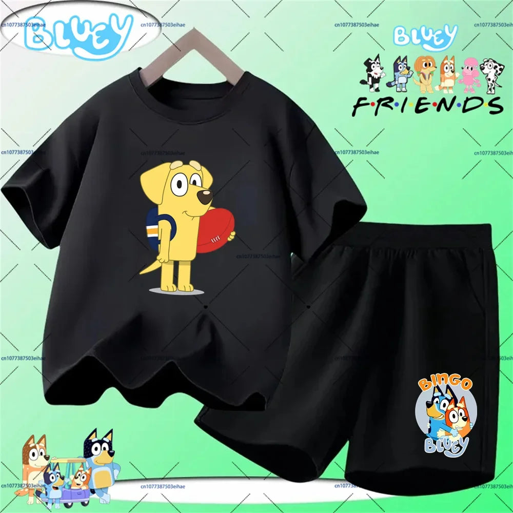 Vacation Kawaii Kids 2PCS Clothing Bluey Cartoon Print T-Shirt And Shorts Summer Casual Street Style Light Outfit Age 3-14 Years