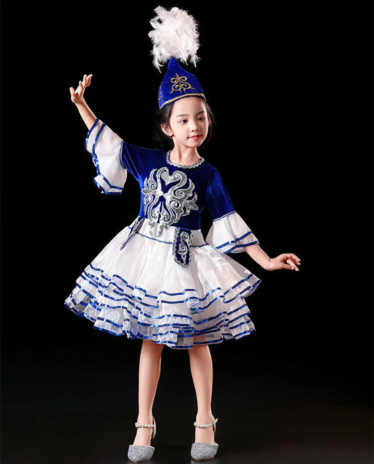 Kazakhstan Dance Costumes For Girls National Clothes Kids Halloween Carnival Clothing Stage Performance Clothing (Hat+Clothes)
