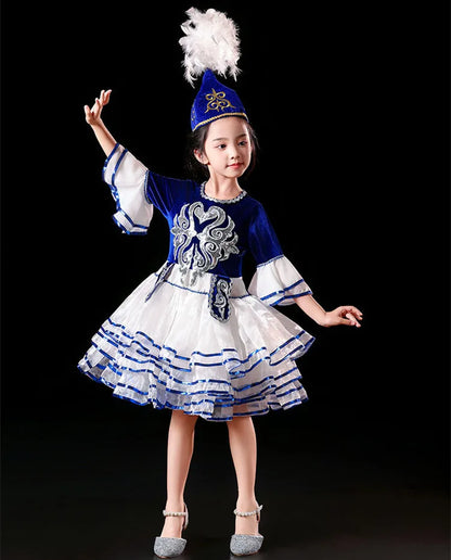 Kazakhstan Dance Costumes For Girls National Clothes Kids Halloween Carnival Clothing Stage Performance Clothing (Hat+Clothes)