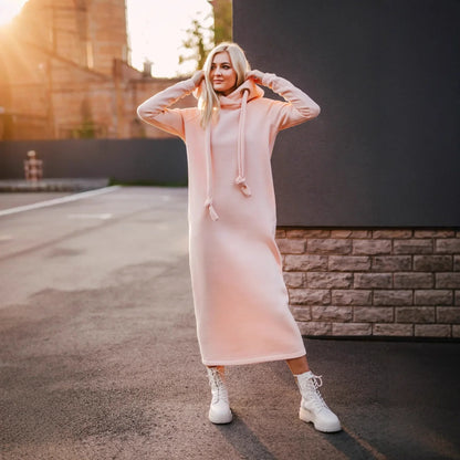 Women Fashion  New Loose Large Knitted Hooded Autumn Winter Long Dress Velvet Hoodie Dress Casual Dress Splicing Warm Dress