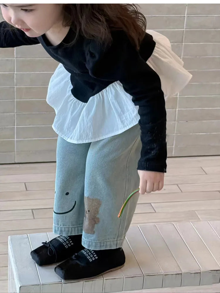 Korean Children Clothing 2025 Spring Clothing New Girls Splicing Long-sleeved T-shirt Top Girl Baby Ruffle Edge Bottoming Shirt