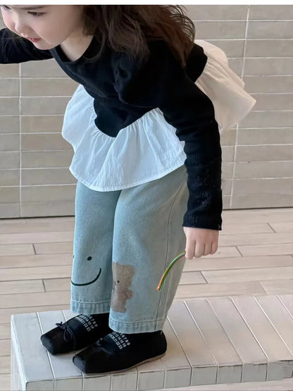 Korean Children Clothing 2025 Spring Clothing New Girls Splicing Long-sleeved T-shirt Top Girl Baby Ruffle Edge Bottoming Shirt