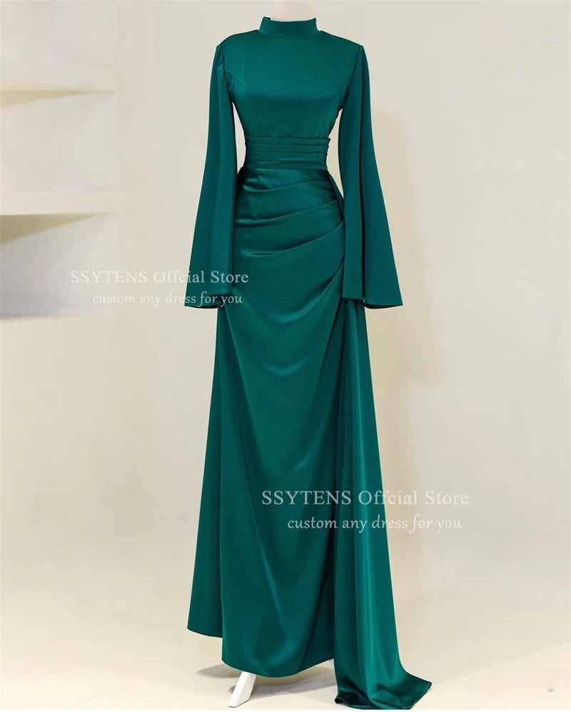 SSYTENS High Collar Muslim Evening Dresses Ruched Dubai Long Sleeves Prom Dresses Pleats Modest Arabia Party Gowns Customized