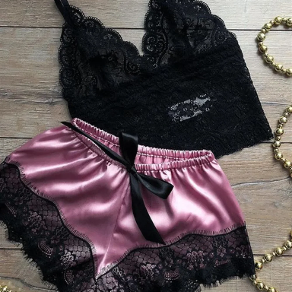 Women Pajamas Set Sexy Satin Lace Sleepwear Lingerie Ladies Elastic Suspender Shorts  Nightwear Suits Sleeveless Underwear Tops