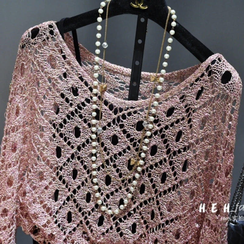Fall Clothes for Women 2024 Fashion Sexy  Sequins Hollow Out Loose Gold Bright Silk Gown Bats Long-sleeved Round Collar Knitting