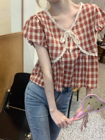 Blouses Women Plaid Vintage Literary Summer Short-sleeve Sweet Crop Tops Lace-up Aesthetic Prairie Chic Students French Style