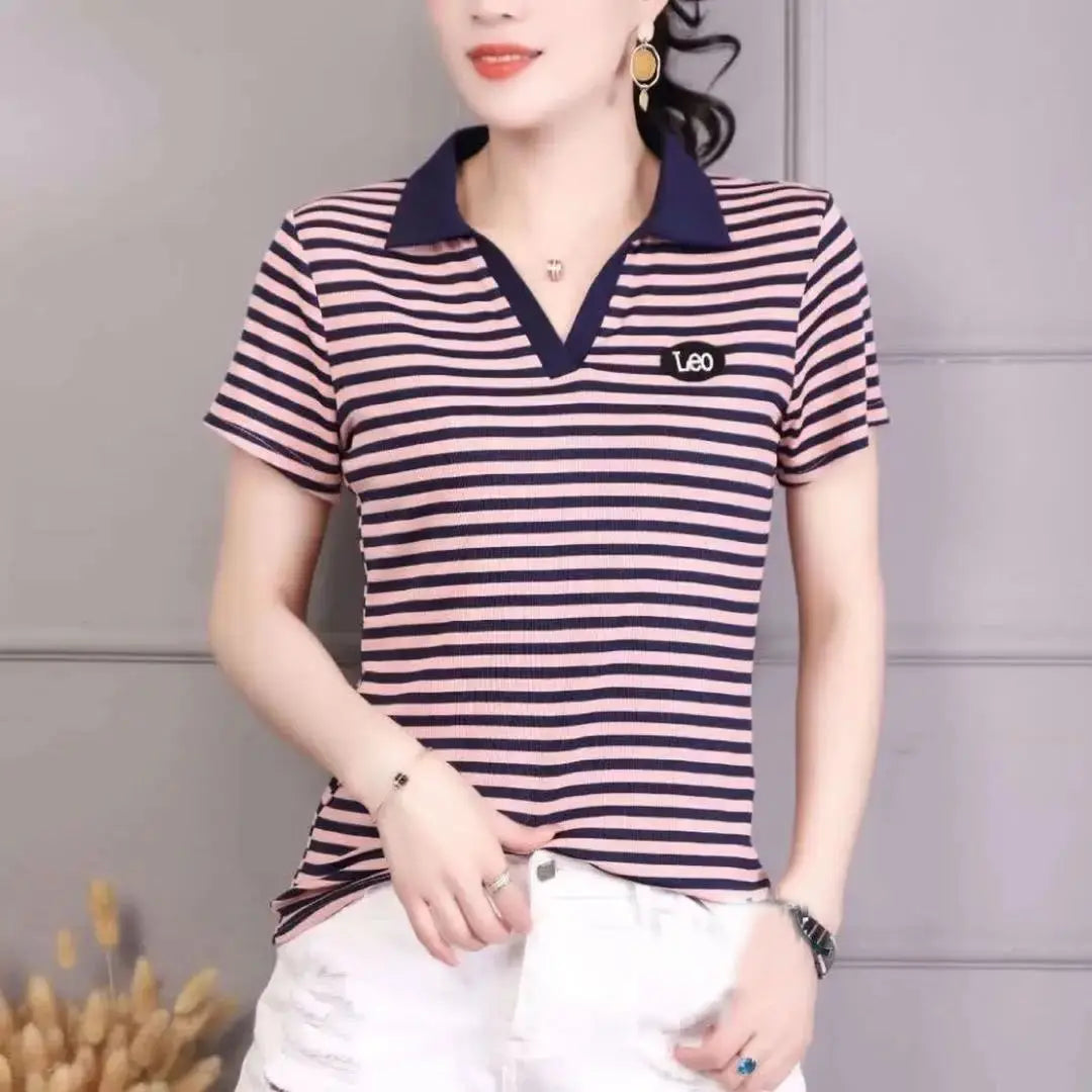 T-shirt Woman Button Tops Short Sleeve Tee Clothing Plain Polo Neck Shirts for Women Trend Luxury Polyester High Quality Sale V