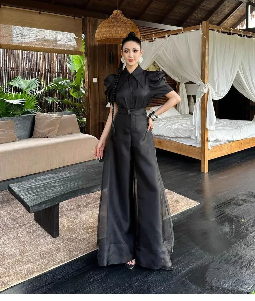 New Fashion Organza Wide Leg Palazzo Pants Women Elegant Summer High Waist Solid Color Office Lady Trousers Clothing
