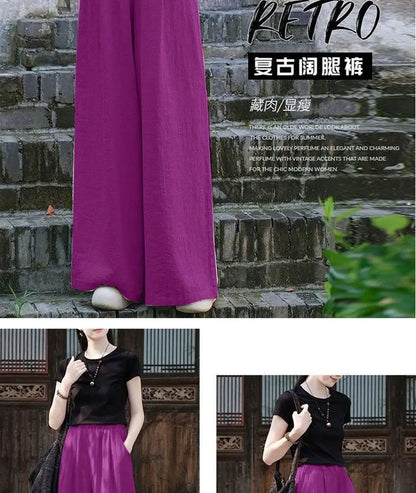 Linen Wide Leg Pants Women Casual Bohemian Loose Flowy Palazzo Pants Summer Spring