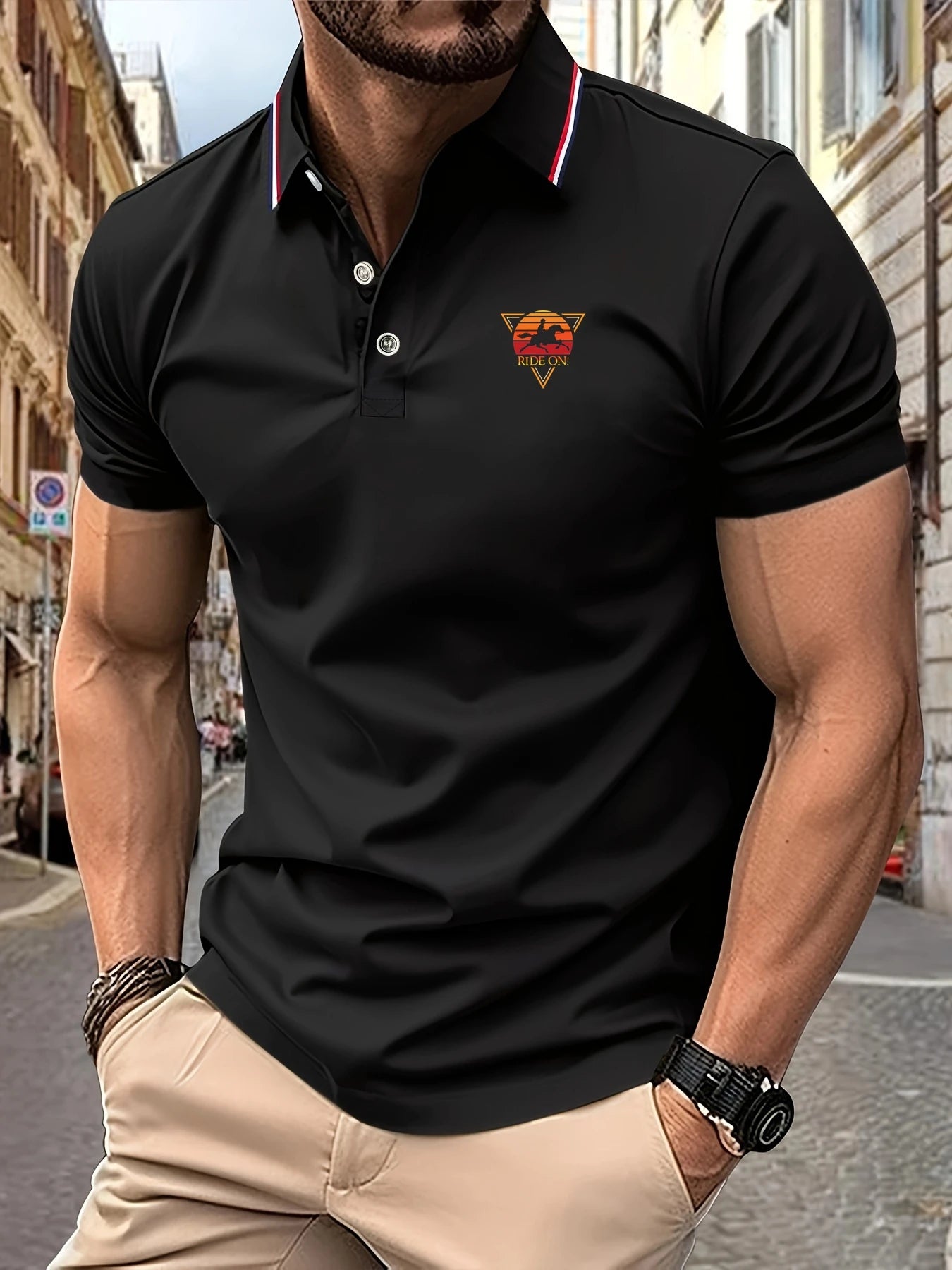 Polo Shirt Man RIDE ON! Graphic Print Summer Casual Breathable Striped Collar High Quality Men&