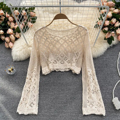 Blouses Women Retro Hollow Out All-match Sweet See-through Leisure Summer Sun-proof Korean Style Female Slim Crop Bohemian Ins