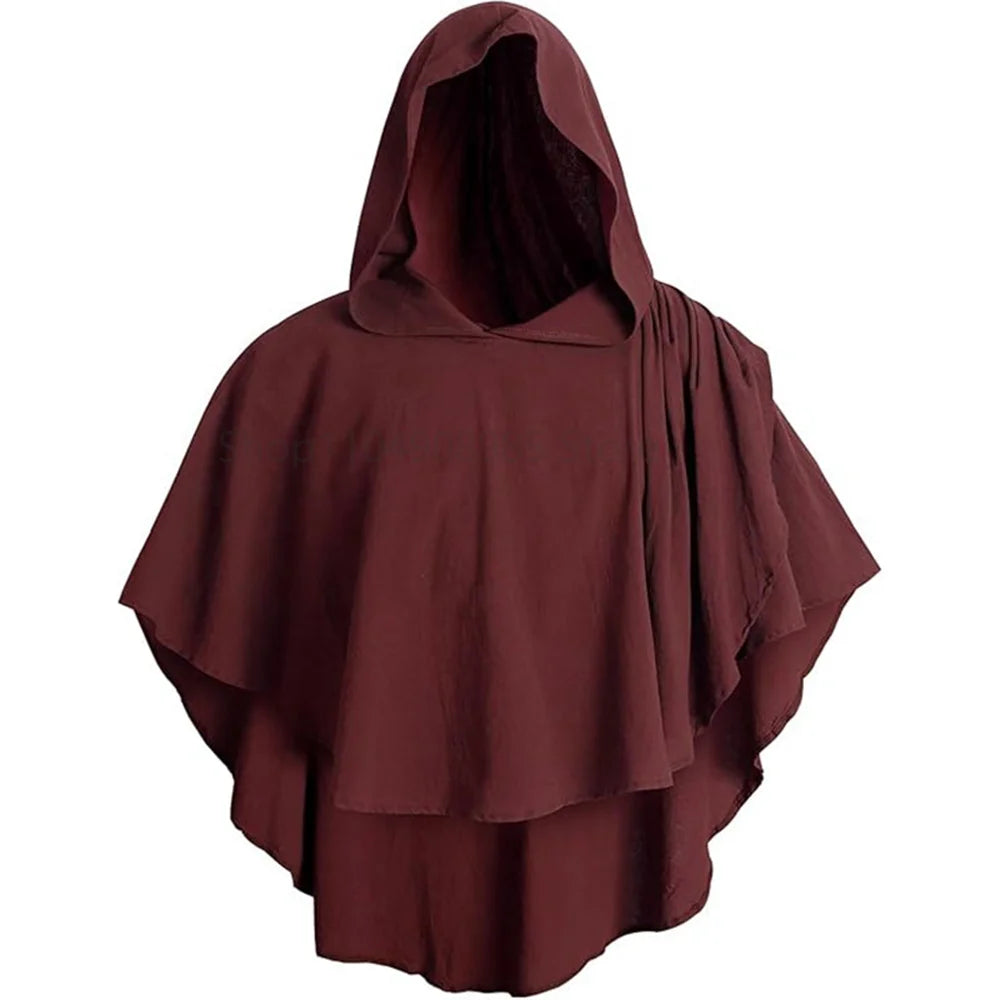 Medieval Hooded Cloak Coat for Men Medieval Cape Costume Adult Pagan Monk Robe Role Playing Short Cape