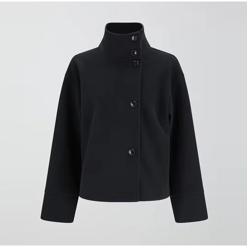 Women Fashion Stand Collar Woolen Jacket Single Breasted Long Sleeve Female Coat 2025 Autumn Chic Street Office Short Outerwears
