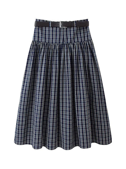 HH Woman Fashion Street Style Skirt Women Fashion Belted Plaid Midi Skirt Zipper Casual Long Skirt High Waist Chic Pleated Skirt