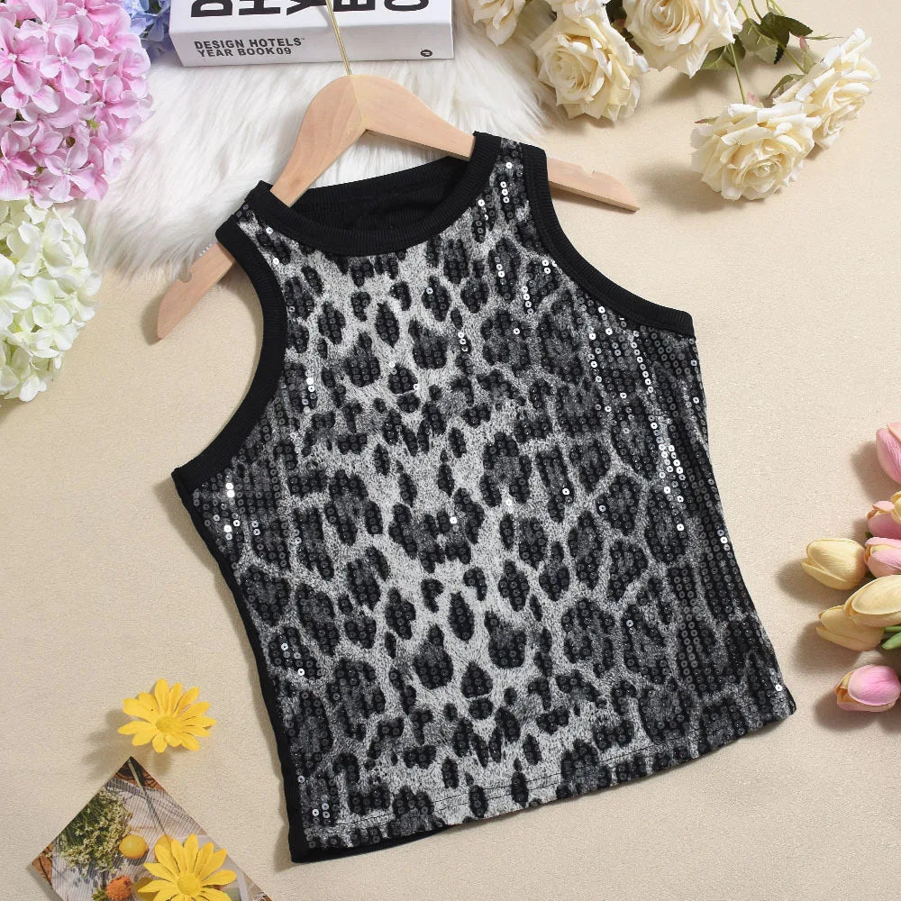 Tank Top for Women 2025 Summer New Pearl Leopard Print Small Sleeveless T-shirt Sexy Exposed Navel and Waist Color Blocked Vest