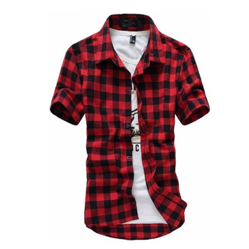 2025 New Summer Fashion Button Up Chemise Homme Checkered Shirts Men Short Sleeve Blouses Tops