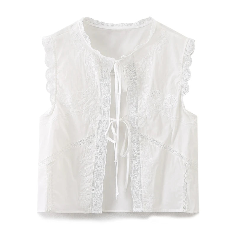Sleeveless Lace-up Summer Blouse  Cotton Floral Embroidered lace Blouses Shirts Women Tops Vintage Boho Beach Wear Casual Blusas