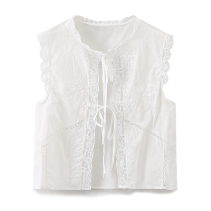 Sleeveless Lace-up Summer Blouse  Cotton Floral Embroidered lace Blouses Shirts Women Tops Vintage Boho Beach Wear Casual Blusas