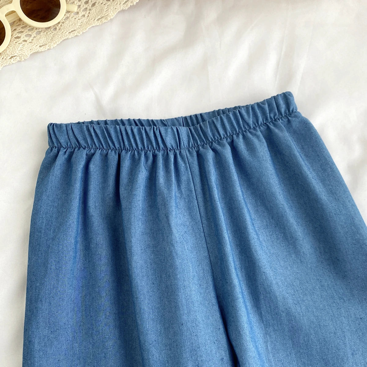 Kids Clothes Girls Summer Fashion  Cowboy Blue Lace Bow+Lace Wide Leg Pants Sets Children&