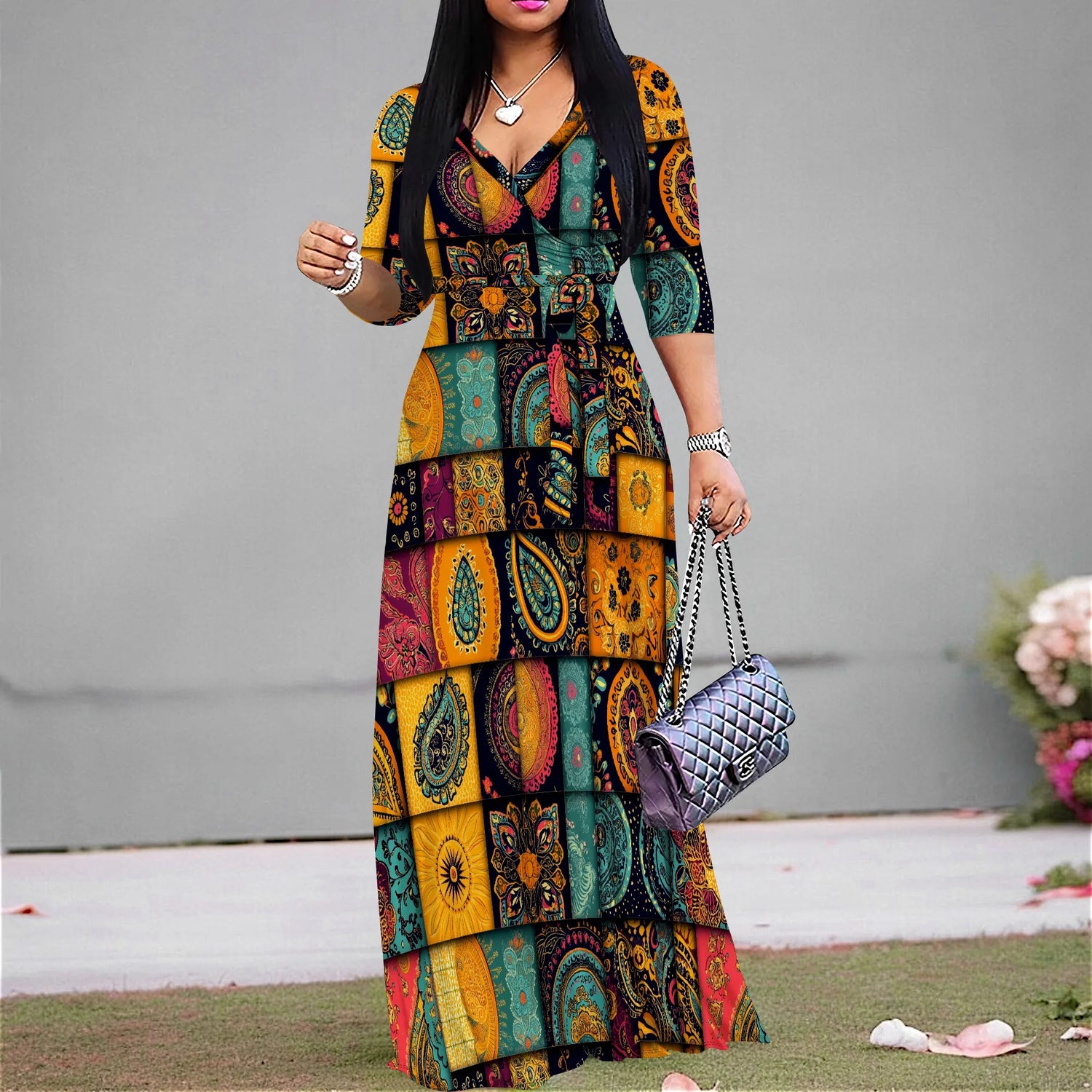 Plus Size Dresses for Women Print Maxi Dresses Flowy 3/4 Sleeve with Belt