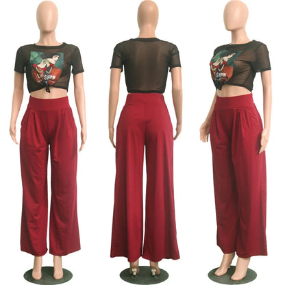 Women Casual Loose Palazzo Pants Autumn High Waisted Wide Leg Trousers Pleated Long Culottes Pants Elastic Waist Trouser Pockets