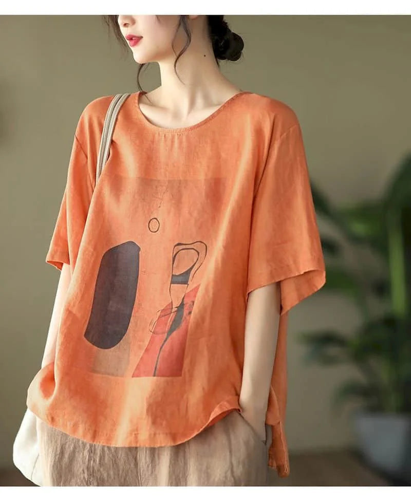 Cotton Linen T Shirts Women Fashion Vintage Art Printed T-shirt Casual Loose O-neck Short Sleeve Tops Summer Trend Thin Tshirt