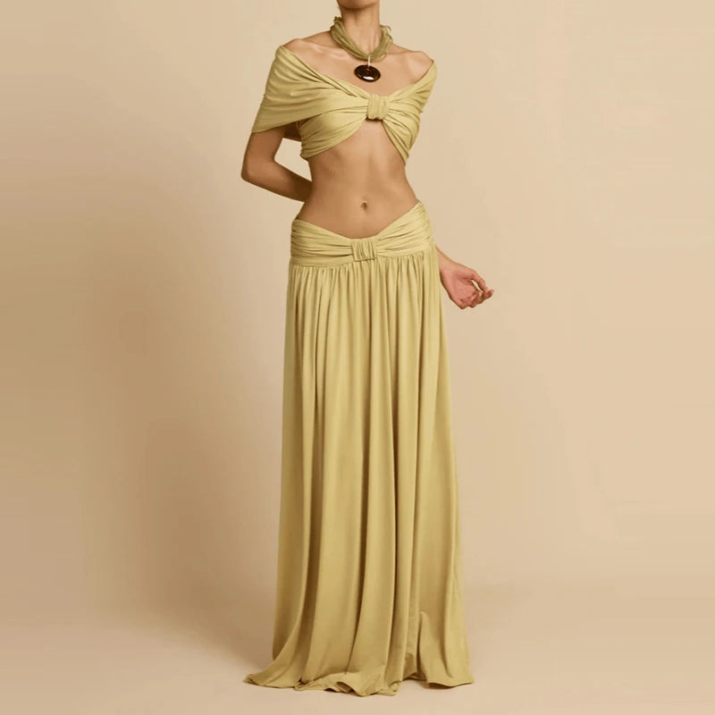 Women Fashion Hight Waist Draped Solid Outfit Elegant Half Skirt 2Pc Suit Sexy Off Shoulder Sleeveless Crop Top &amp; Long Skirt Set