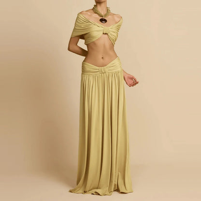 Women Fashion Hight Waist Draped Solid Outfit Elegant Half Skirt 2Pc Suit Sexy Off Shoulder Sleeveless Crop Top &amp; Long Skirt Set