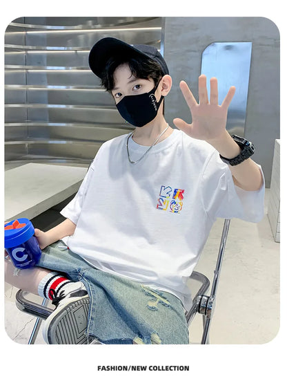 Kids Summer Clothes T-shirt for Boy Short Sleeve Cotton Tshirt Outfits Teenage Children Cartoon Print Clothing Age 5 To 14 Years